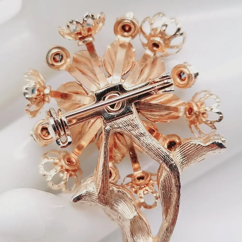 Vintage Blue Rhinestone Flower Brooch Gold Tone Floral Stem Pin